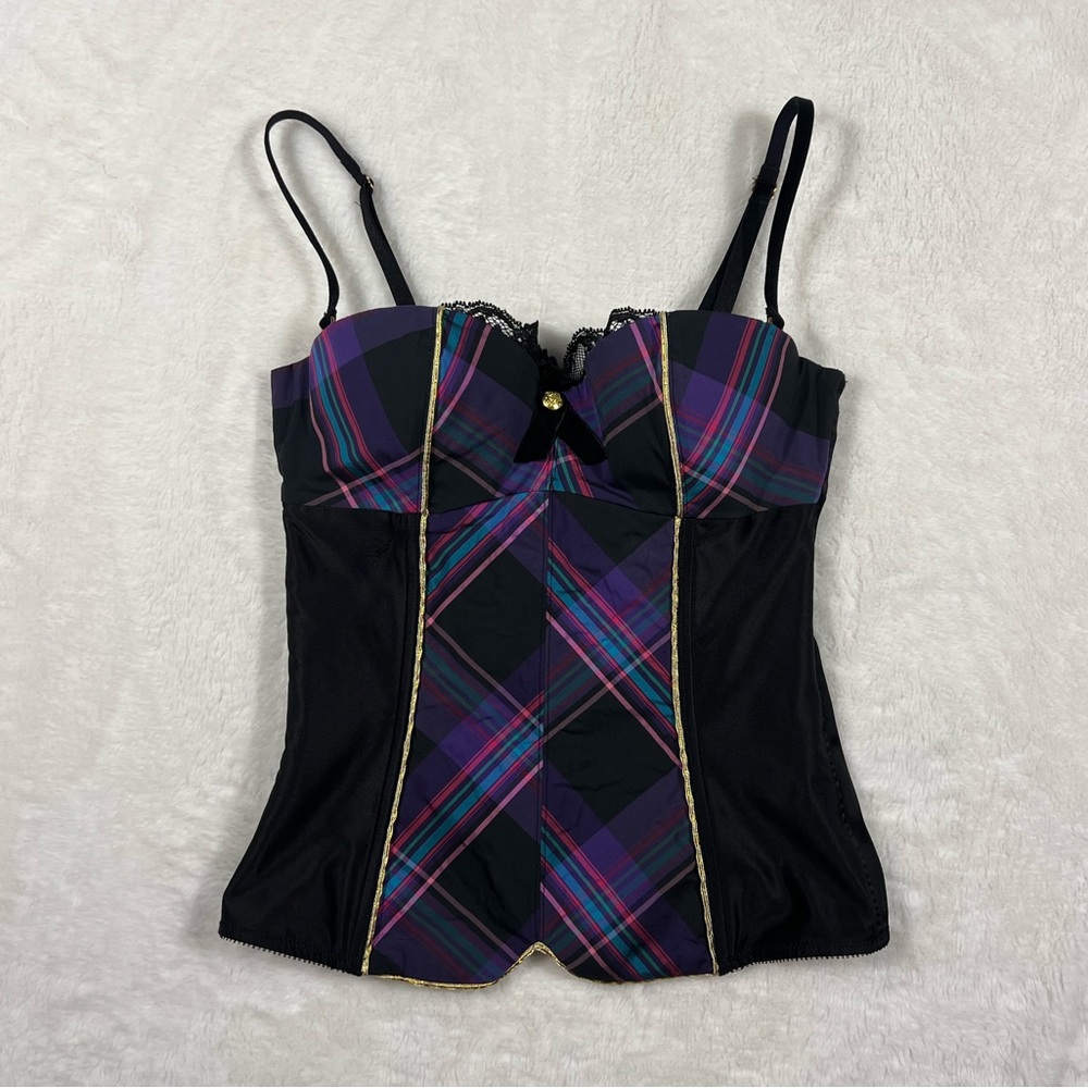 Victoria's Secret Purple and Black with Gold Ribbon Lace Plaid Camisole